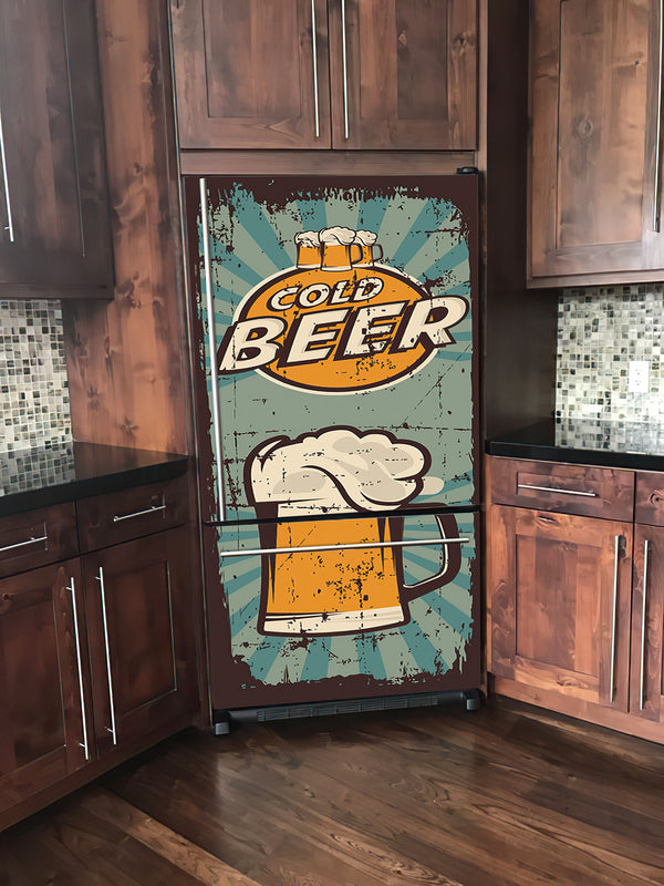 Fridge Decal, Vintage Bottle Beer Genuine Draft Fridge Wrap, Door Mural, Refrigerator Decal, Mens Cave Vinyl Side by Side Sticker, Decorative Fridge Decal