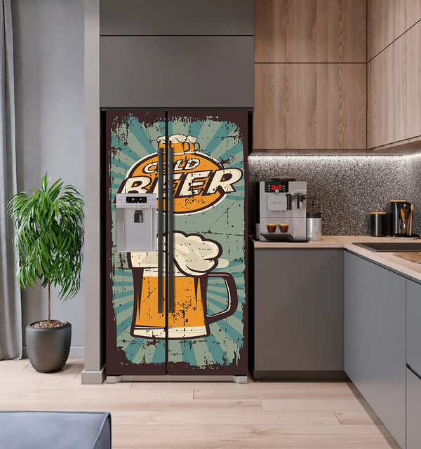 Fridge Decal, Vintage Bottle Beer Genuine Draft Fridge Wrap, Door Mural, Refrigerator Decal, Mens Cave Vinyl Side by Side Sticker, Decorative Fridge Decal