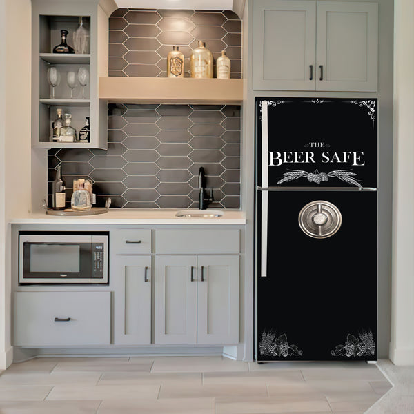 Fridge Decal, Black Beer Safe Fridge Wrap, Door Mural, Refrigerator Decal, Mens Cave Vinyl Side by Side Sticker, Decorative Fridge Decal