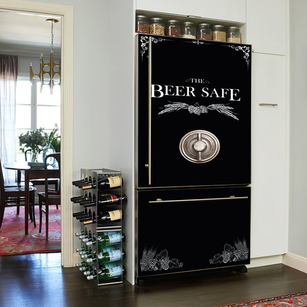 Fridge Decal, Black Beer Safe Fridge Wrap, Door Mural, Refrigerator Decal, Mens Cave Vinyl Side by Side Sticker, Decorative Fridge Decal