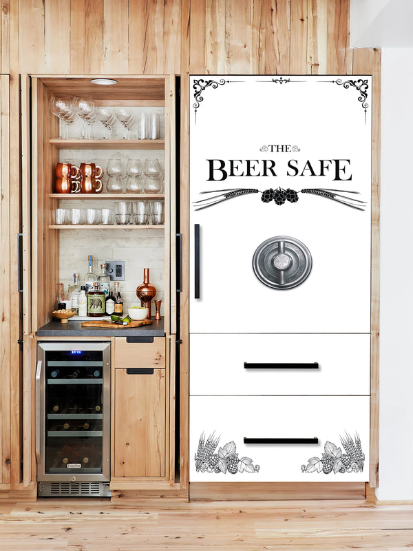 Fridge Decal, White Beer Safe Fridge Wrap, Door Mural, Refrigerator Decal, Mens Cave Vinyl Side by Side Sticker, Decorative Fridge Decal