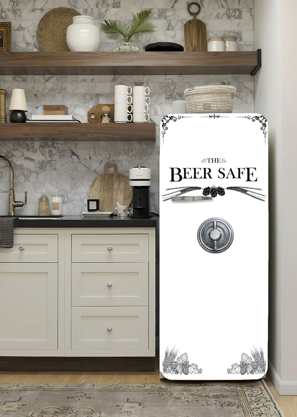 Fridge Decal, White Beer Safe Fridge Wrap, Door Mural, Refrigerator Decal, Mens Cave Vinyl Side by Side Sticker, Decorative Fridge Decal