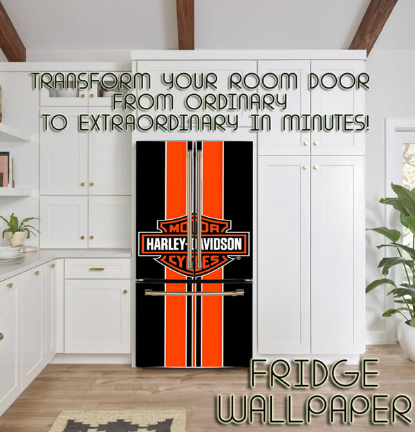 Fridge Decal, Harley Davidson Logo Fridge Wrap, Door Mural, Refrigerator Decal, Mens Cave Vinyl Side by Side Sticker, Decorative Fridge Decal