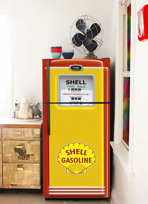 Fridge Decal, Shell Oil Gas Pump Fridge Decal, Retro Gasoline Door Mural