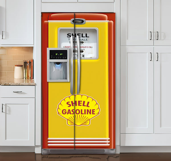 Fridge Decal, Shell Oil Gas Pump Fridge Decal, Retro Gasoline Door Mural