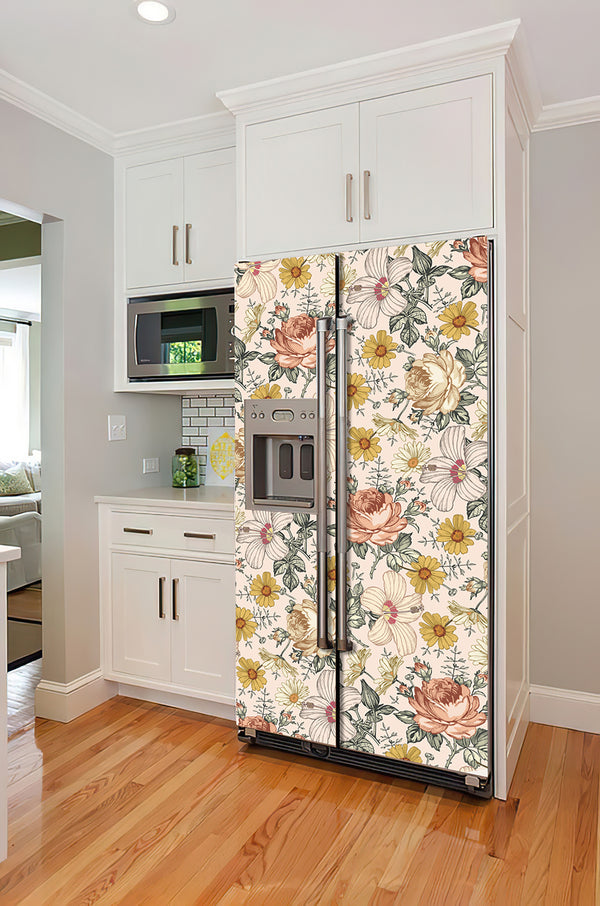 Fridge Stickering, Vintage Boho Flowers Fridge Decal, Decorative Floral Door Mural