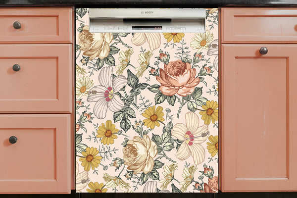 Fridge Stickering, Vintage Boho Flowers Fridge Decal, Decorative Floral Door Mural