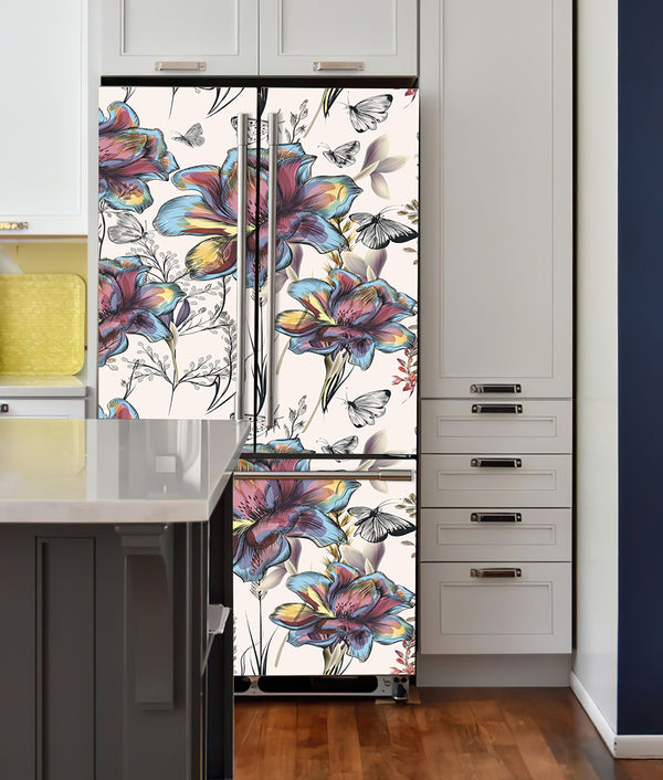 Vinyl Door Stickers, Colorful Flowers on Beige Background Refrigerator Door Mural