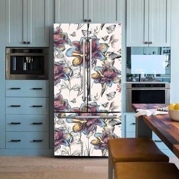 Vinyl Door Stickers, Colorful Flowers on Beige Background Refrigerator Door Mural