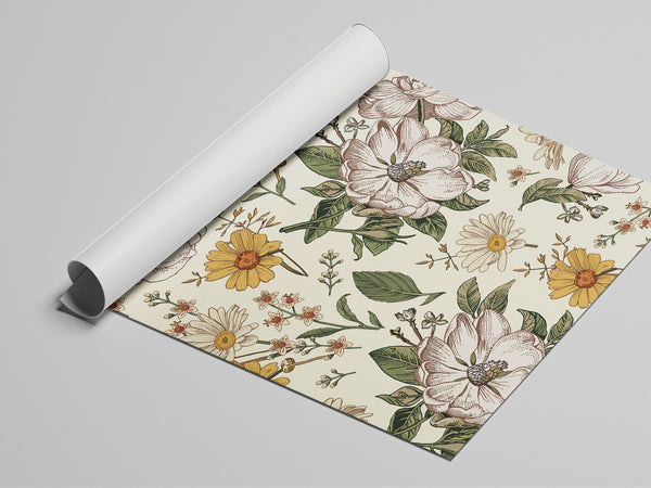 Vinyl Door Stickers, Fridge Wrap Vintage Floral on Beige Background, Retro Decorative Wildflowers Door Mural