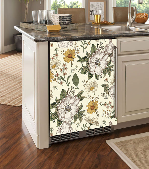 Vinyl Door Stickers, Fridge Wrap Vintage Floral on Beige Background, Retro Decorative Wildflowers Door Mural