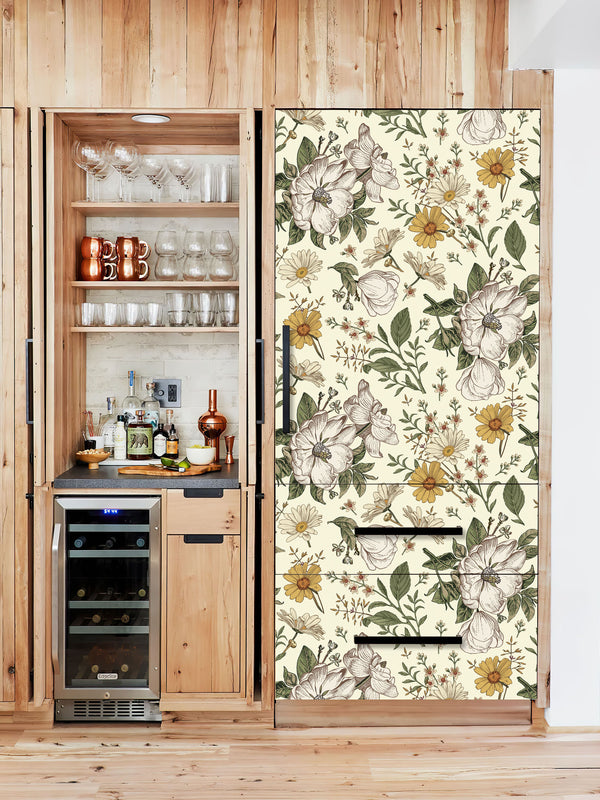 Vinyl Door Stickers, Fridge Wrap Vintage Floral on Beige Background, Retro Decorative Wildflowers Door Mural