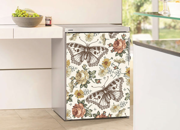 Door Stickers For Home, Retro Butterflies and Flowers Refrigerator Decal, Boho Flowers, Door Mural
