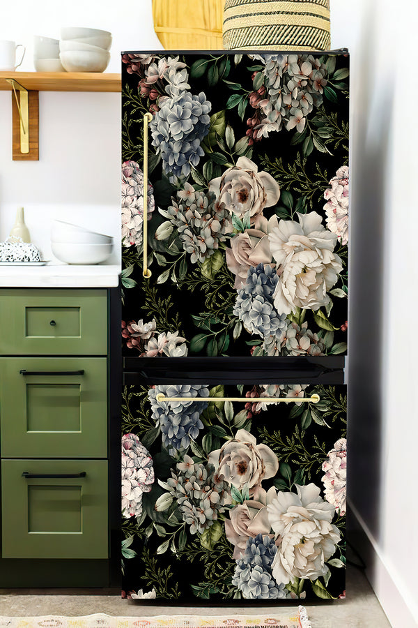 Refrigerator Wrap Vinyl, Vintage Dark Floral Fridge Wrap, Retro Peonies Refrigerator Decal, Botanical Vinyl Fridge Decal