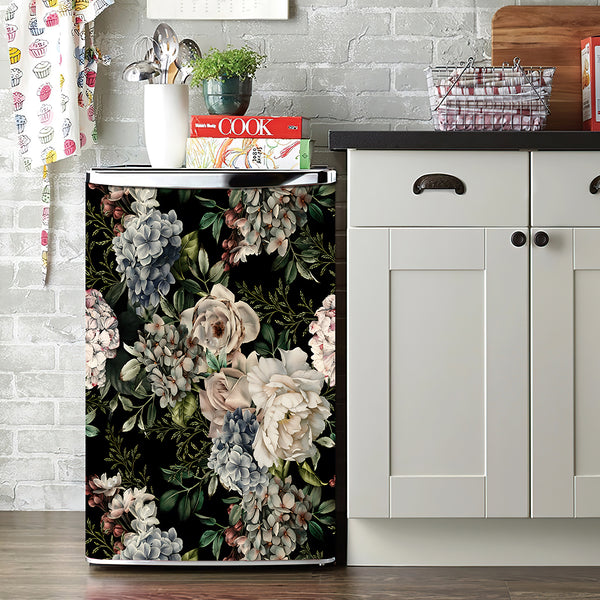 Refrigerator Wrap Vinyl, Vintage Dark Floral Fridge Wrap, Retro Peonies Refrigerator Decal, Botanical Vinyl Fridge Decal