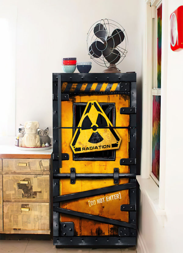 Fridge Decal, Radiation Zone Fridge Wrap, Metal Door Mural, Game Room Refrigerator Decal, Mens Cave Vinyl Side by Side Sticker, Decorative Fridge Decal