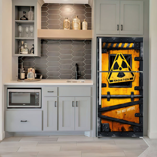 Fridge Decal, Radiation Zone Fridge Wrap, Metal Door Mural, Game Room Refrigerator Decal, Mens Cave Vinyl Side by Side Sticker, Decorative Fridge Decal