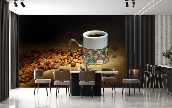 Food Murals, Food & Drinks Wallpaper, Non Woven, Cup of Coffee Kitchen Wall Mural, Coffee Beans Wallpaper