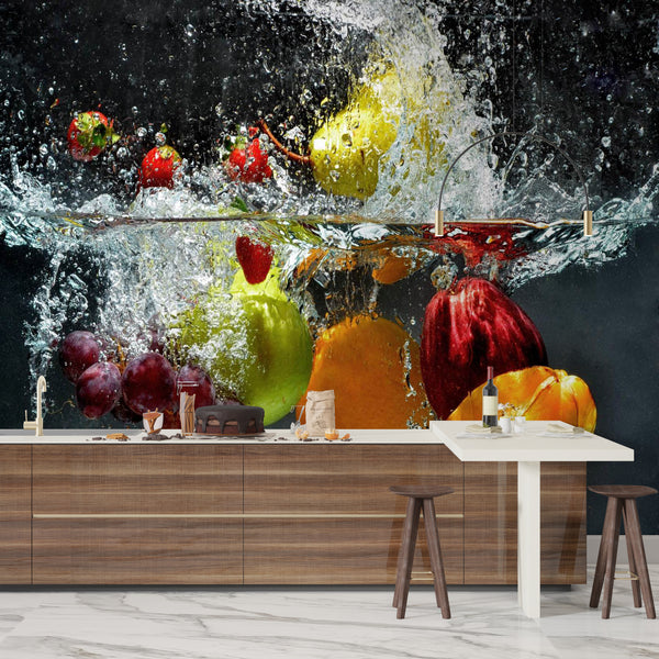 Dining Room Mural, Food & Drinks Wallpaper, Non Woven, Colorful Fruits & Water Kitchen Wall Mural