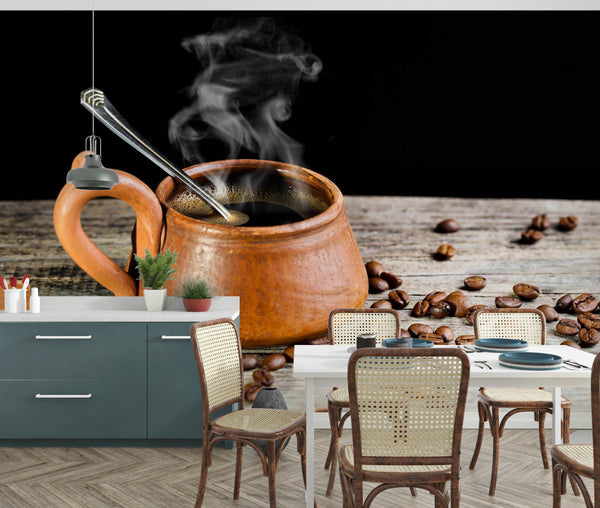 Wall Murals for Dining Room, Food & Drinks Wallpaper, Non Woven, Retro Cup of Coffee Kitchen Wall Mural