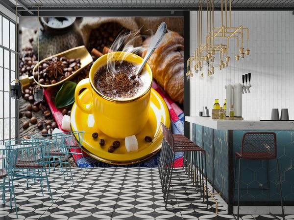 Wall Murals for Dining Room | Mural Coffee | Yellow Cup of Coffee Kitchen Wall Mural