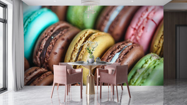 Dining Room Mural, Food & Drinks Wallpaper, Non Woven, French Macaron Kitchen Wall Mural, Colorful Biscuits Wallpaper
