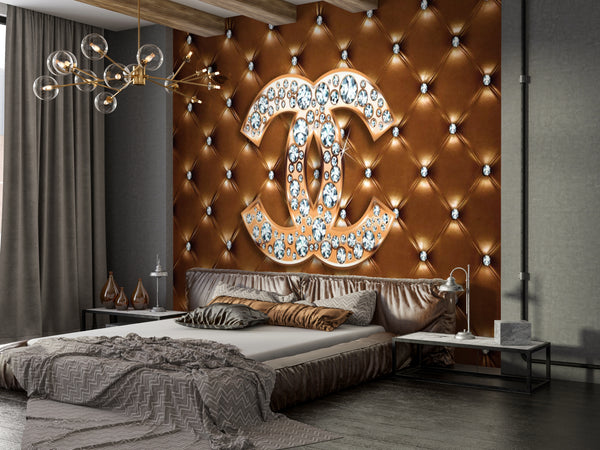 Texture Wallpaper, Non Woven, Chanel Logo with Diamonds Wallpaper, Dark Gold Luxurious Chesterfield Capitone Wall Mural, Leather Imitation