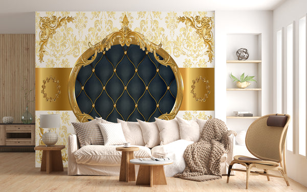 Texture Wallpaper, Non Woven, Gold and White Classic Ornament Wallpaper, Black Leather Imitation Wall Mural
