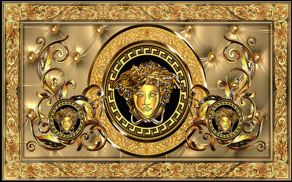Texture Wallpaper, Non Woven, Versace Logo and Golden Elements Wallpaper, Gold & Black Baroque Wall Mural