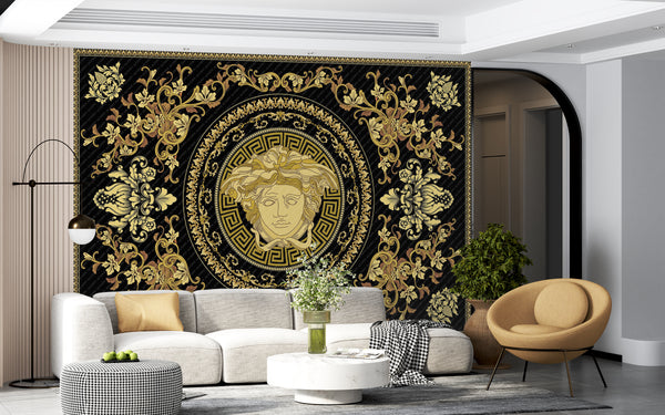 Textured Wall Murals | Versace Logo and Golden Elements Wallpaper