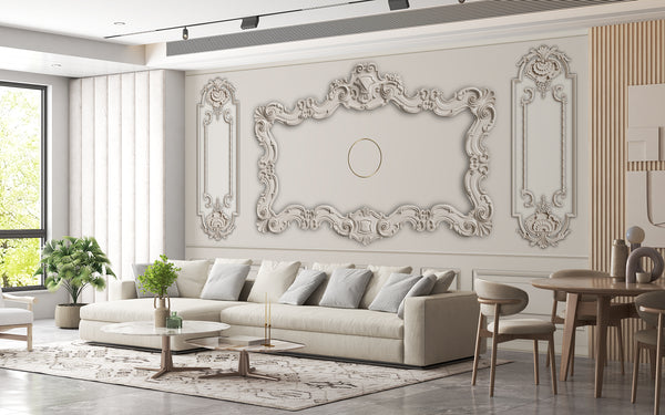 Texture Wallpaper, Non Woven, Ivory White Classic Ornaments Wallpaper, Baroque Style Wall Mural