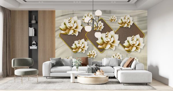 Fantasy Wallpaper | Soft Gold Large Flowers Wallpaper