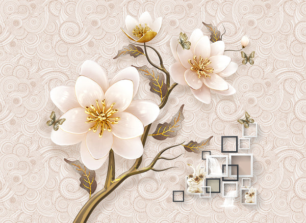 Fantasy Wallpaper, Non Woven, Beige Large Flower Tree Branch Wallpaper, Butterfly Brooch Wall Mural