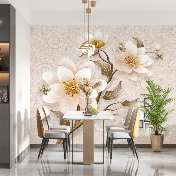 Fantasy Wallpaper, Non Woven, Beige Large Flower Tree Branch Wallpaper, Butterfly Brooch Wall Mural