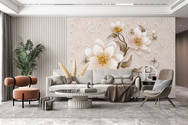 Wall Mural Fantasy | Beige Large Flower Tree Branch Mural