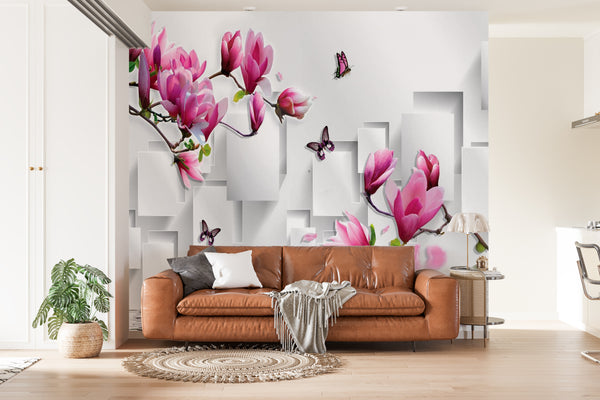 Fantasy Wallpaper, Non Woven, Pink Magnolia Flowers Wallpaper, Butterflies and 3D Geometry Wall Mural