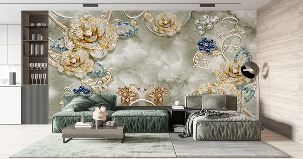 Wall Mural Fantasy | Gold Brooch and Swans Wallpaper