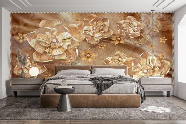 Fantasy Wallpaper, Non Woven, Gold Large Floral Wallpaper, Jewelry Flowers Wall Mural