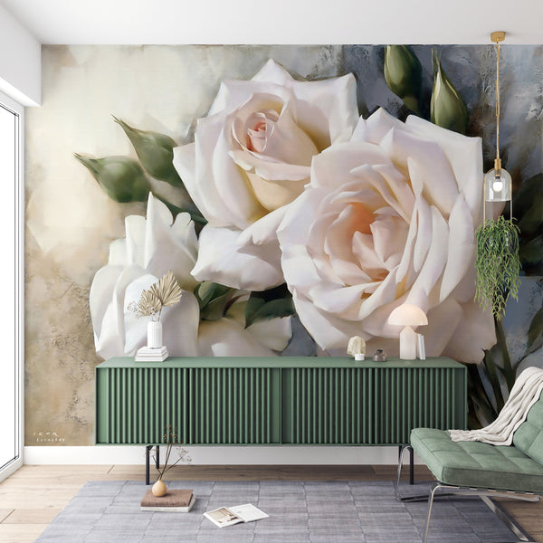 Flower Wallpaper, Non Woven, Beige Rose Flowers Wallpaper, Oil Painted Floral Wall Mural