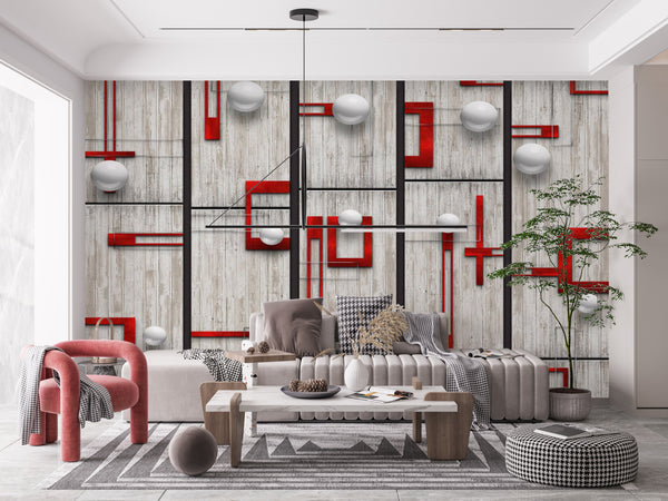 Abstract Wallpaper Mural | Red and Grey Abstract Geometry Wallpaper