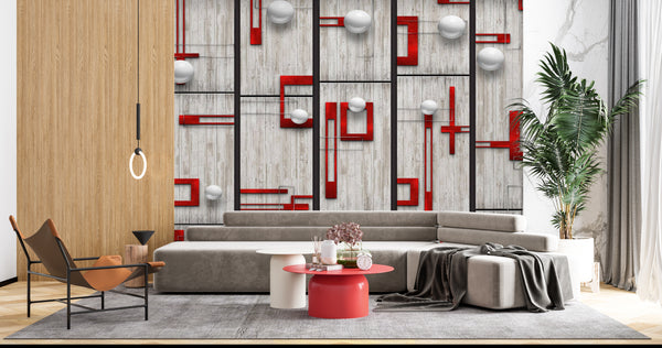 Abstract Wallpaper Mural, Non Woven, Red and Grey Abstract Geometry Wallpaper, White Sphere Wall Mural