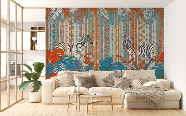 Wallpaper Mural, Zebra Animals & Ethnic Pattern Wall Mural