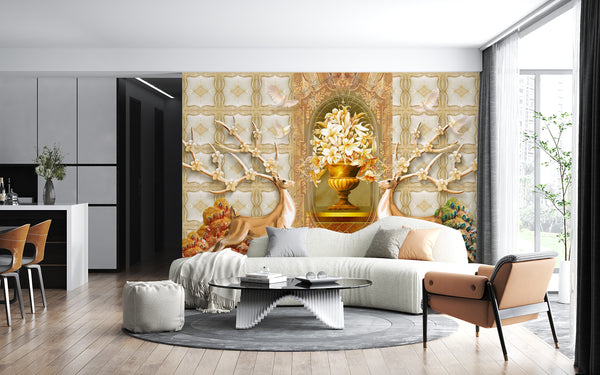 Fantasy Wallpaper, Non Woven, Golden Antepoles Wallpaper, Gold Lily Flowers Wall Mural