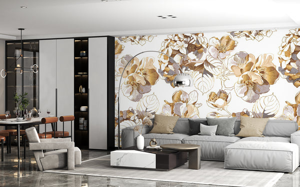 Fantasy Wallpaper | Gold & White Flowers Wallpaper