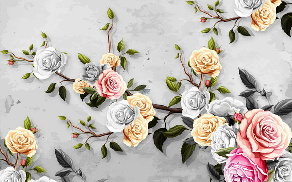 Fantasy Wallpaper, Non Woven, Colorful Rose Flower Branch Wallpaper, Grey Background Wall Mural