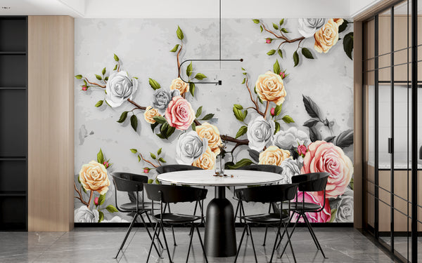 Wall Mural Fantasy | Colorful Rose Flower Branch Wallpaper