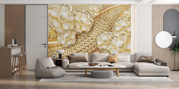 Fantasy Wallpaper, Non Woven, Pearl Flowers Wallpaper, Gold Diamond Background Wall Mural