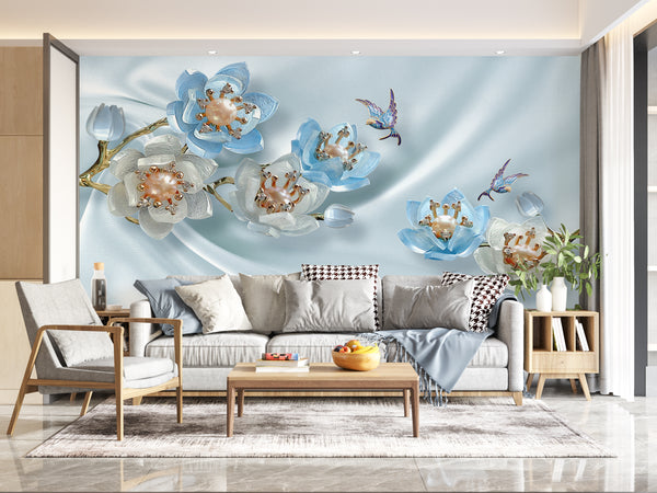 Wall Mural Fantasy | Blue & Grey Flower Branch Wallpaper