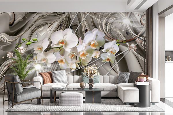 Fantasy Wallpaper, Non Woven, White Orchid Flowers Wallpaper, Silver Metallic Chrome Wall Mural