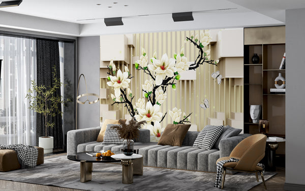 Fantasy Wallpaper, Non Woven, Beige Magnolia Flower Tree Branch Wallpaper, 3D Geometric Background Wall Mural